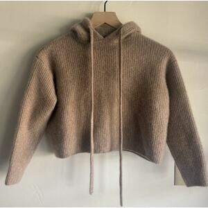 Quince Cropped Tan Ribbed Knit Hoodie Sweater